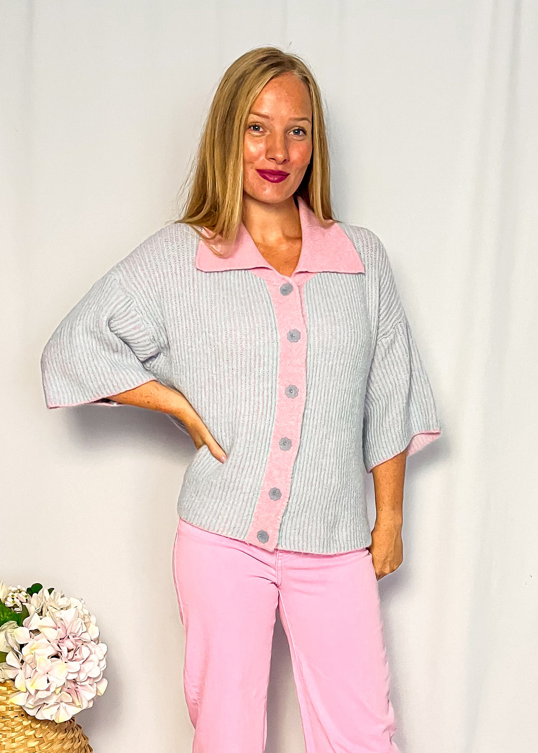 Short Sleeve Cardigan - blue/pink